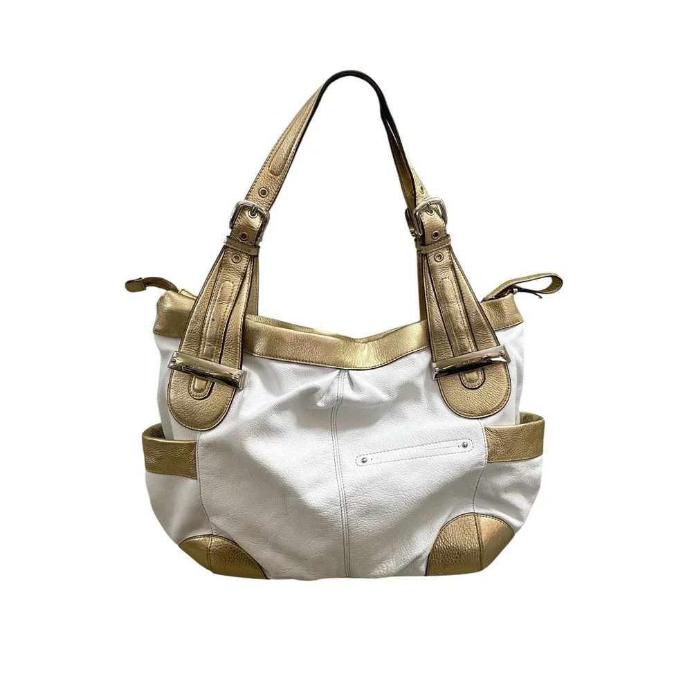 B. Makowsky Womens White & Gold Shoulder Bag Hobo Purse Handbag Leather Large